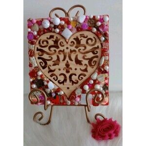 Handmade Beaded Jeweled Wood Burnished Heart Wall Hanging Or Shelf Sitter New